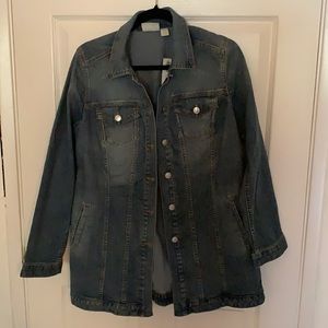Chicos elongated denim jacket in meadow indigo.